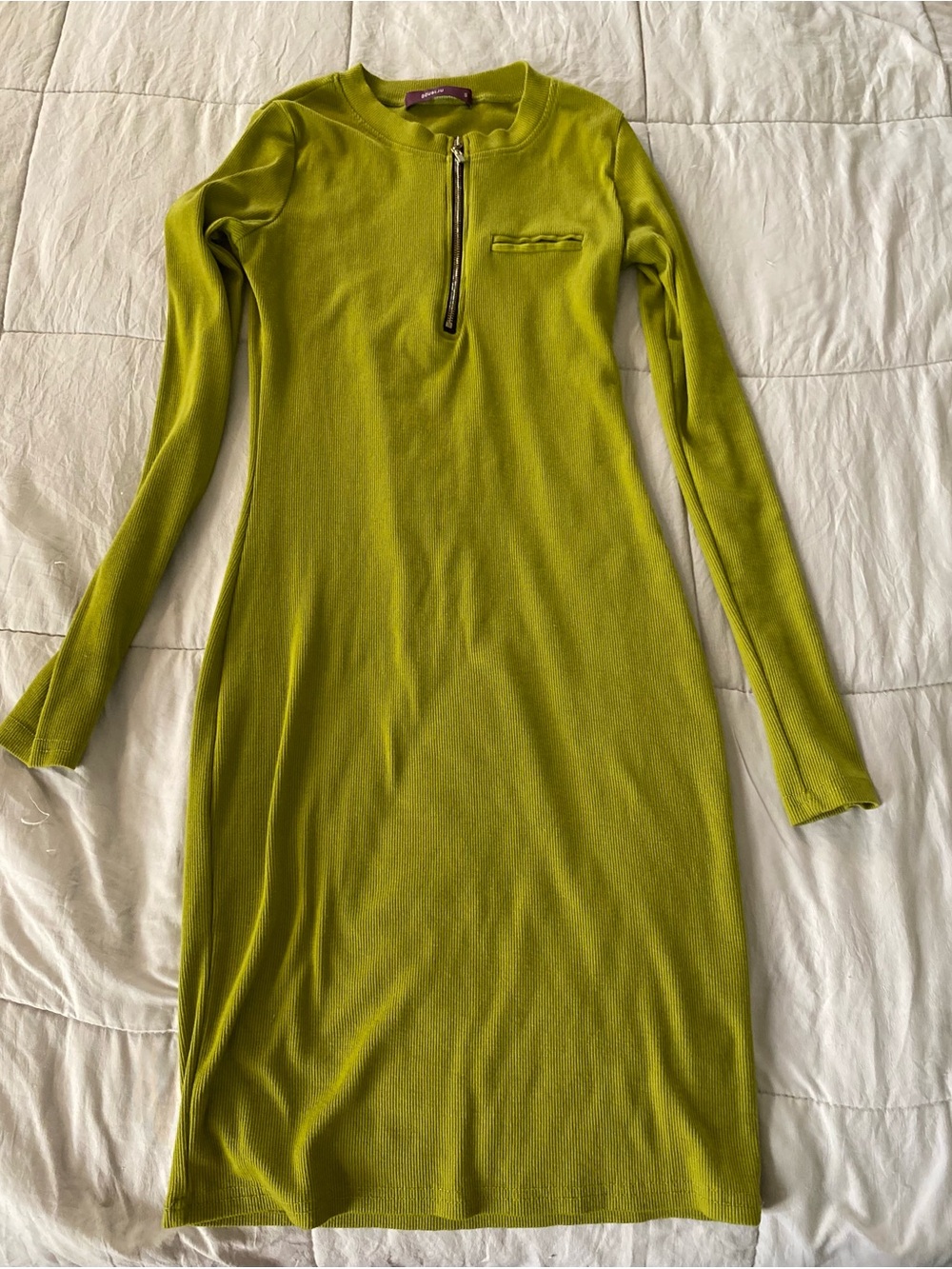 Doublju Lime Green Long-Sleeve Zip Front Knit Dress